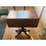 A 19TH CENTURY MAHOGANY DROP LEAF TABLE, ON A DOWNSWEPT POD BASE, in need of restoration, 63cm x