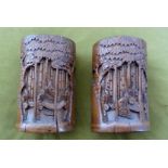 A PAIR OF HAND CARVED CHINESE BAMBOO BRUSH POTS, early – mid 20th century, 7in tall approx and 4