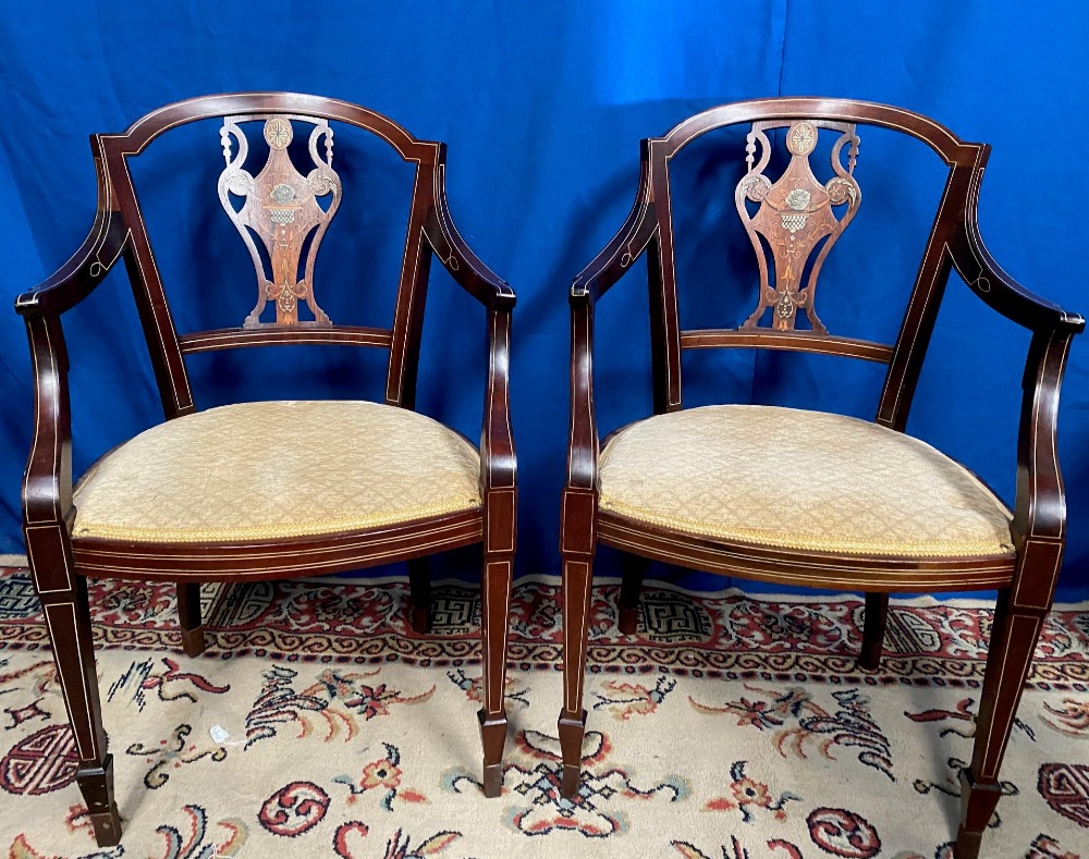 A VERY FINE PAIR OF MAHOGANY & ROSEWOOD INLAID ARM CHAIRS, with pierced and inlaid splat back,