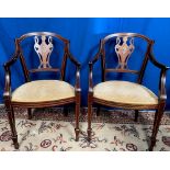 A VERY FINE PAIR OF MAHOGANY & ROSEWOOD INLAID ARM CHAIRS, with pierced and inlaid splat back,