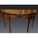 A VERY FINE GEORGE III MAHOGANY AND INLAID DEMI LUNE SERVING TABLE, with figured mahogany and string
