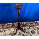 A MAHOGANY PLANT STAND raised on a 3 shot base, with parquetry inlaid top, 91cm tall approx