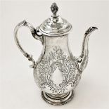 A LATE 19TH CENTURY VICTORIAN SILVER COFFEE POT, London, 1855, William Hunter, withral engraved