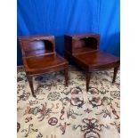 A PAIR OF MAHOGANY INLAID SIDE TABLES / BED SIDE STANDS, each with a raised open cabinet and
