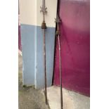 A PAIR OF ENGRAVED ARMORIAL SPEARS, 7ft tall approx