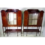 A VERY FINE & RARE PAIR OF EDWARDIAN INLAID MAHOGANY GLAZED DISPLAY CASES, each cabinet with a