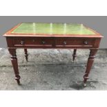 A LEATHER TOPPED LIBRARY TABLE / DESK, with drawers and turned leg on castors