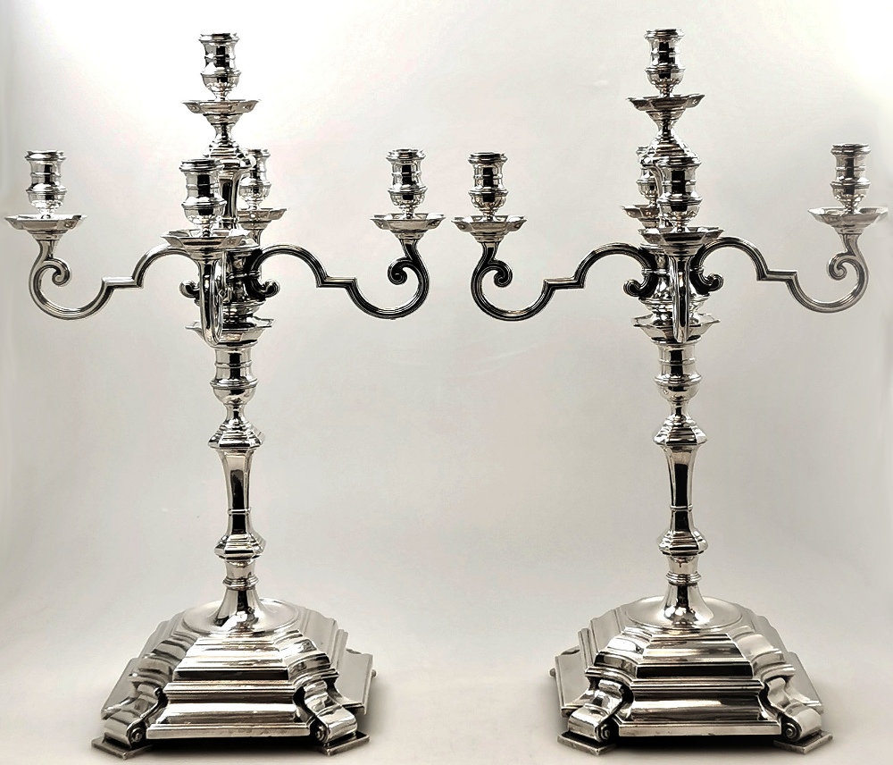 A PAIR OF GEORGE VI 5 LIGHT SILVER CANDELABRA FROM THE PAINTED HALL AT GREENWICH, in the Art Deco