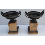 A GOOD QUALITY PAIR OF 19TH CENTURY BRONZE TAZZA URNS ON SIENNA MARBLE BASES, 29.2cm x 21.5cm x 17.