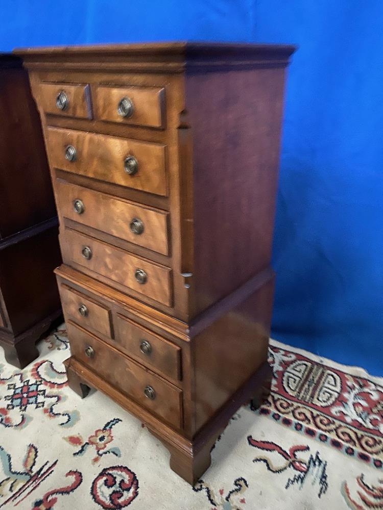 A PAIR OF GOOD QUALITY MINIATURE MAHOGANY CHEST ON CHESTS / OR LOCKERS, each with crossbanded - Image 2 of 3