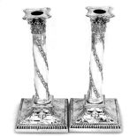 A LATE 19TH CENTURY VICTORIAN PAIR OF SILVER CANDLESTICKS, London, 1895, by Thomas Bradbury, the