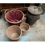 A MIXED LOT OF FOUR ATTRACTIVE WICKER BASKETS, ONE WITH CARRYING HANDLES, handled basket 40cm x