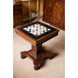 A WILLIAM IV MAHOGANY AND MARBLE CHESS TABLE, 57cm square x 69cm high