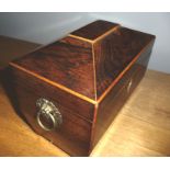 A VERY FINE REGENCY ROSEWOOD SARCOPHAGUS SHAPED TEA CADDY, circa 1850 with string inlaid hinged lid,