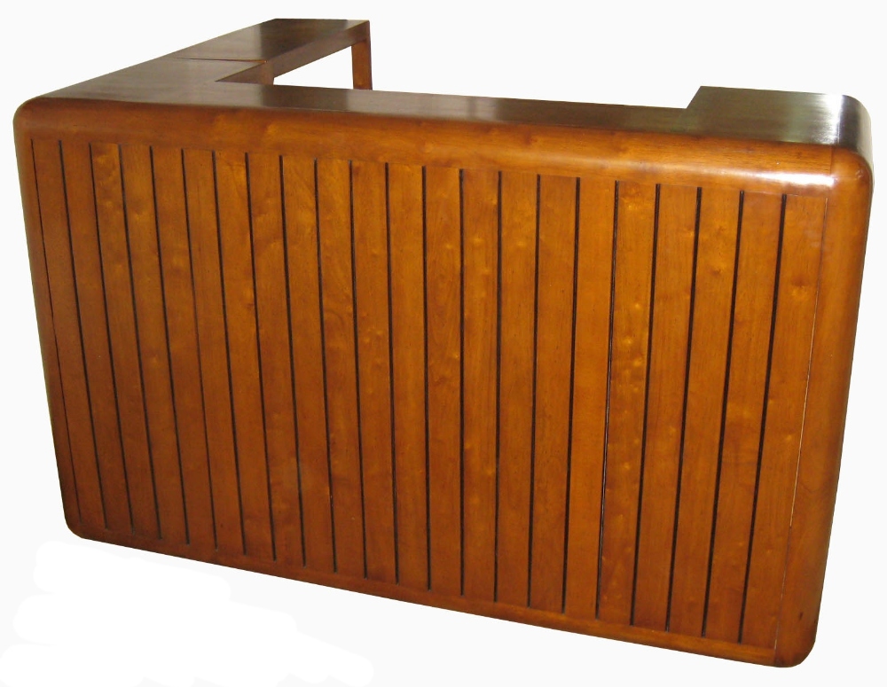 AN UNUSUAL CHERRY WOOD ART DECO STYLE BAR, with rounded corners and fluted design to the outside, - Image 2 of 3