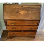 AN EDWARDIAN MAHOGANY FALL FRONT THREE DRAWER BUREAU, in need of restoration, 26in wide x 26in