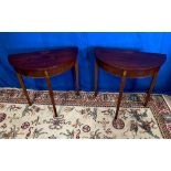 A PAIR OF DEMI LUNE LIFT TOP MAHOGANY INLAID SIDE TABLES, with sun burst motif to the tops, each top