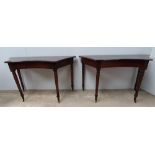 A PAIR OF GOOD QUALITY 19TH CENTURY MAHOGANY CONSOLE / HALL TABLES, each with curved sides and