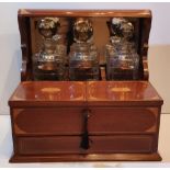 A TOP QUALITY EDWARDIAN INLAID MAHOGANY 3 BOTTLE TANTULUS / GAMES BOX, with 3 decanter bottles, each
