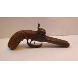 A 19TH CENTURY DOUBLE BARREL PERCUSSION POCKET PISTOL, 10.2 x 20.3 x 3.8 approx cm