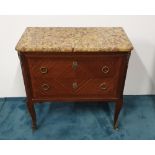 A NEATLY SIZED EDWARDIAN MARBLE TOP INLAID KINGWOOD FRENCH CHEST OF DRAWERS, 2 drawers, each with