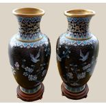 A FINE PAIR OF MID 20TH CENTURY CLOISONNÉ VASES, decorated with images of birds and cherry