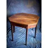 A PAIR OF FINE SATINWOOD, MAHOGANY AND ROSEWOOD INLAID SHERATON CARD TABLES with tapered leg,