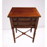 A CONTEMPORARY HARDWOOD TWO DRAWER SIDE TABLE on fluted leg with cross stretcher, 16in deep x 28in