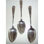 A FINE SET OF 3 LATE 19TH CENTURY IRISH SILVER SERVING SPOONS, Dublin, 1824, each with tips having