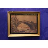 FRAMED PRINT, "THE STAGE COACH", with figures on and beneath a bridge, print with colour wash