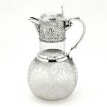 A LATE 19TH CENTURY SILVER & GLASS CLARET JUG / WINE DECANTER, Sheffield, 1864, by Walter & George