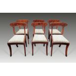 A VERY FINE SET OF SIX REGENCY MAHOGANY DINING CHAIRS, circa 1820, having carved rest rails, with