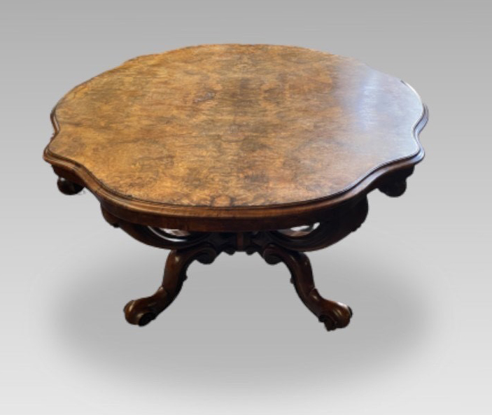 A 19TH CENTURY WALNUT OVAL BREAKFAST TABLE, on four shoot pod, burr walnut, with serpentine top, - Image 3 of 3