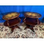 A PAIR OF MAHOGANY WILLIAM IV OVAL SHAPED DUMB WAITERS, with two levels, the top with leather