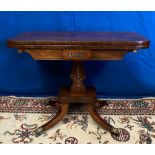 A VERY FINE REGENCY BRASS INLAID ROSEWOOD FOLD OVER CARD TABLE, with brass inlaid detail to the