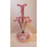 A GOOD QUALITY 19TH CENTURY PINK VASELINE GLASS EPERGNE, with four floral scallop rimmed flutes,