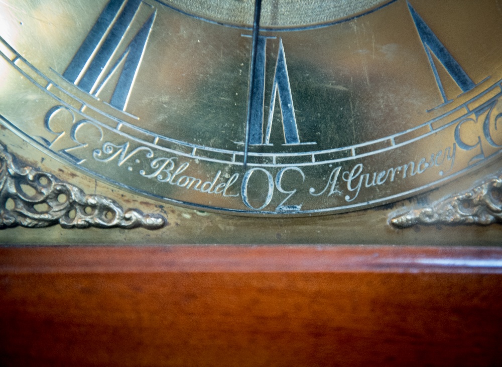 A RARE MAHOGANY GUERNESEY LONGCASE CLOCK c.1750 by Blondel, the brass dial with N. Blondel A - Image 3 of 3