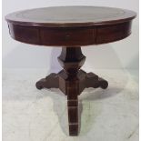 A GOOD QUALITY EDWARDIAN INLAID MAHOGANY & LEATHER TOPPED CENTRE TABLE, with four drawers and four