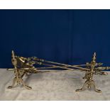 A VICTORIAN BRASS FIRE IRON SET, with dogs, includes; shovel, poker and tongs