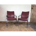 A PAIR OF MID CENTURY RED LEATHER & METALLIC ARMCHAIRS, very comfortable, approximate dimensions: