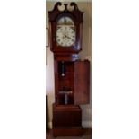 A FINE 19TH CENTURY OAK LONG CASE CLOCK, with swan neck pediment, painted enamel picture over the