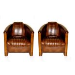 A PAIR OF TOP QUALITY LEATHER & CHERRY WOOD ART DECO STYLE CLUB ARMCHAIRS, in the ‘Aviator’ style,
