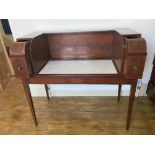 A 19TH CENTURY MAHOGANY WRITING/SIDE TABLE on tapered leg with marble inset and two side drawers,