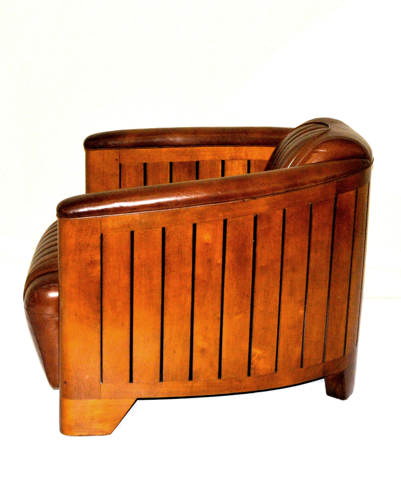 A PAIR OF TOP QUALITY LEATHER & CHERRY WOOD ART DECO STYLE CLUB ARMCHAIRS, in the ‘Aviator’ style, - Image 3 of 3