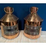 A PAIR OF COPPER SHIPS LANTERS, with original burners, 61cm tall approx