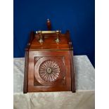 A VICTORIAN MAHOGANY COAL / LOG BOX, with brass handle and shovel, the carved front lifts to