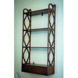 A PAIR OF EARLY 20TH CENTURY ENGLISH MAHOGANY HANGING SHELVES, OF GEORGE III STYLE, with pierced