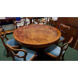 AN EARLY 19TH CENTURY MAHOGANY CIRCULAR DINING TABLE, with cross banded fiddle back mahogany to edge