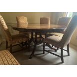 A SET OF SIX GOOD QUALITY MAHOGANY DINING CHAIRS with cross stretchers and holstered backs, 40in