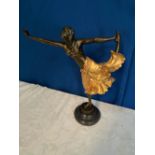 A BRONZE & GILT FIGURE OF WOMAN DANCING, on a marble base, impressed name to base, 41cm high